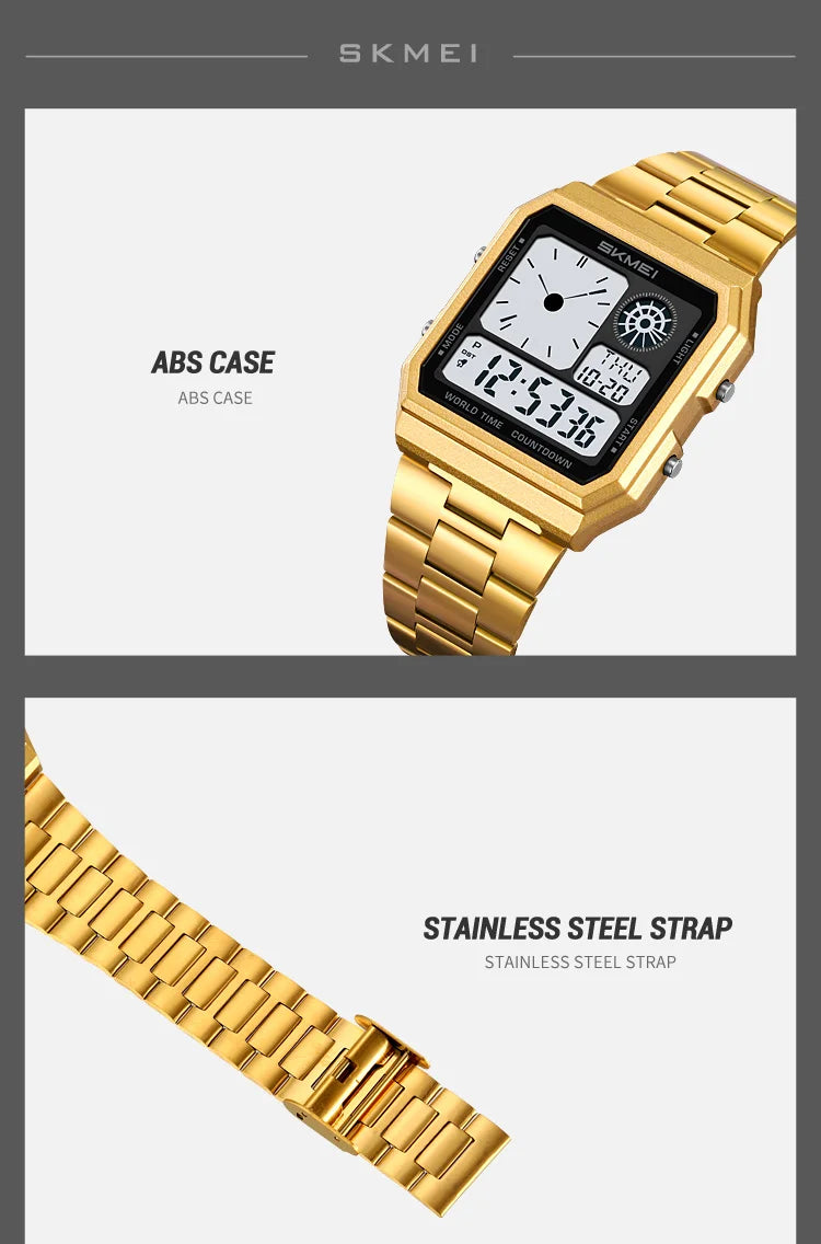 ساعة سكمي الإلكترونية الرقمية العالمية للرجال والنساء مقاومة للماء والرياضات الخارجية بسوار من الفولاذ المقاوم للصدأ ساعات يد للرجال