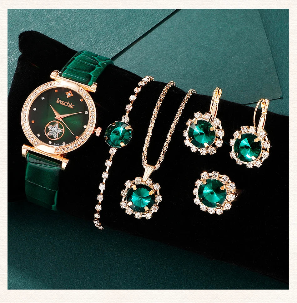 6PCS Set Green Luxury Quartz Watch Women Ring Necklace Earring Rhinestone Fashion Wristwatch Casual Ladies Bracelet Watches