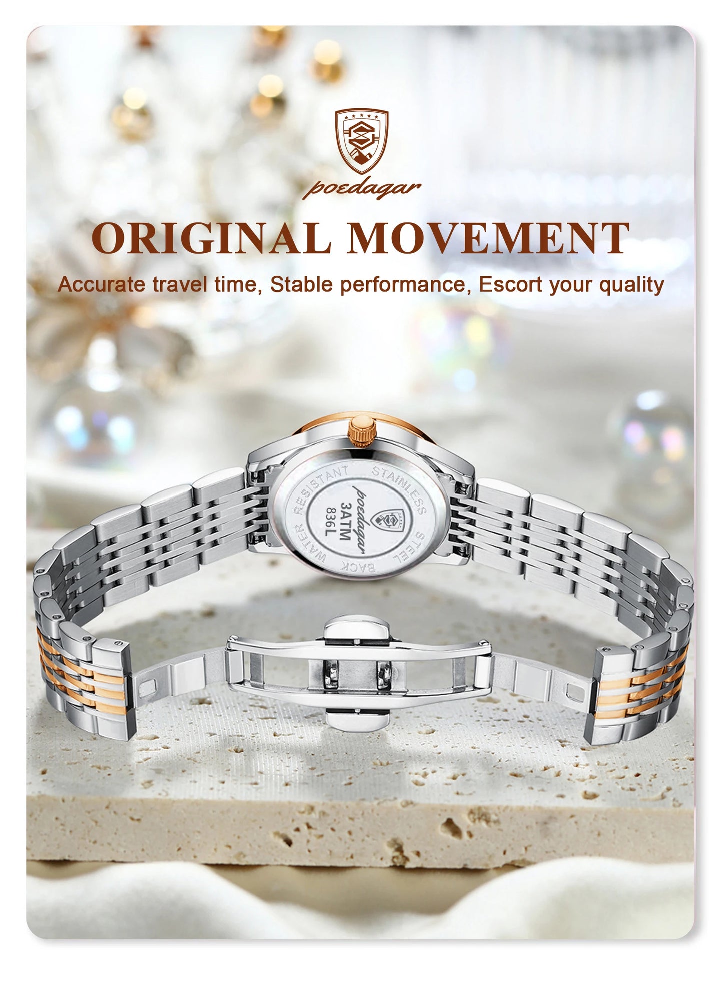 ساعة POEDAGAR النسائية - ساعة فولاذية فاخرة مقاومة للماء ومضيئة