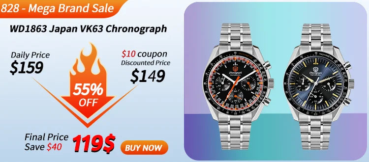 Montre Watchdives WD1863 à quartz, mouvement chronographe VK63, verre saphir bombé, étanche à 10 bar, luminescente, 39 mm, style vintage