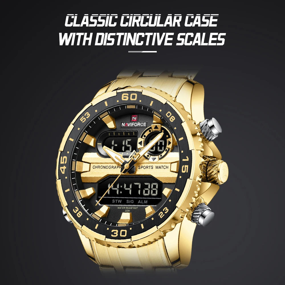 ساعة NAVIFORCE الرياضية الفاخرة للرجال مقاومة للماء وحركة كوارتز كرونوغراف وسوار فولاذي وعرض التاريخ والأسبوع الرقمي