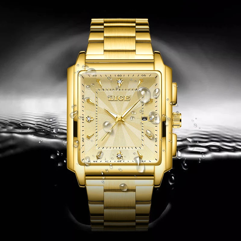ساعة LIGE العصرية للأعمال للرجال، ساعة رياضية مربعة مقاومة للماء للرجال، علامة تجارية فاخرة، ساعة كوارتز عسكرية كرونوغراف