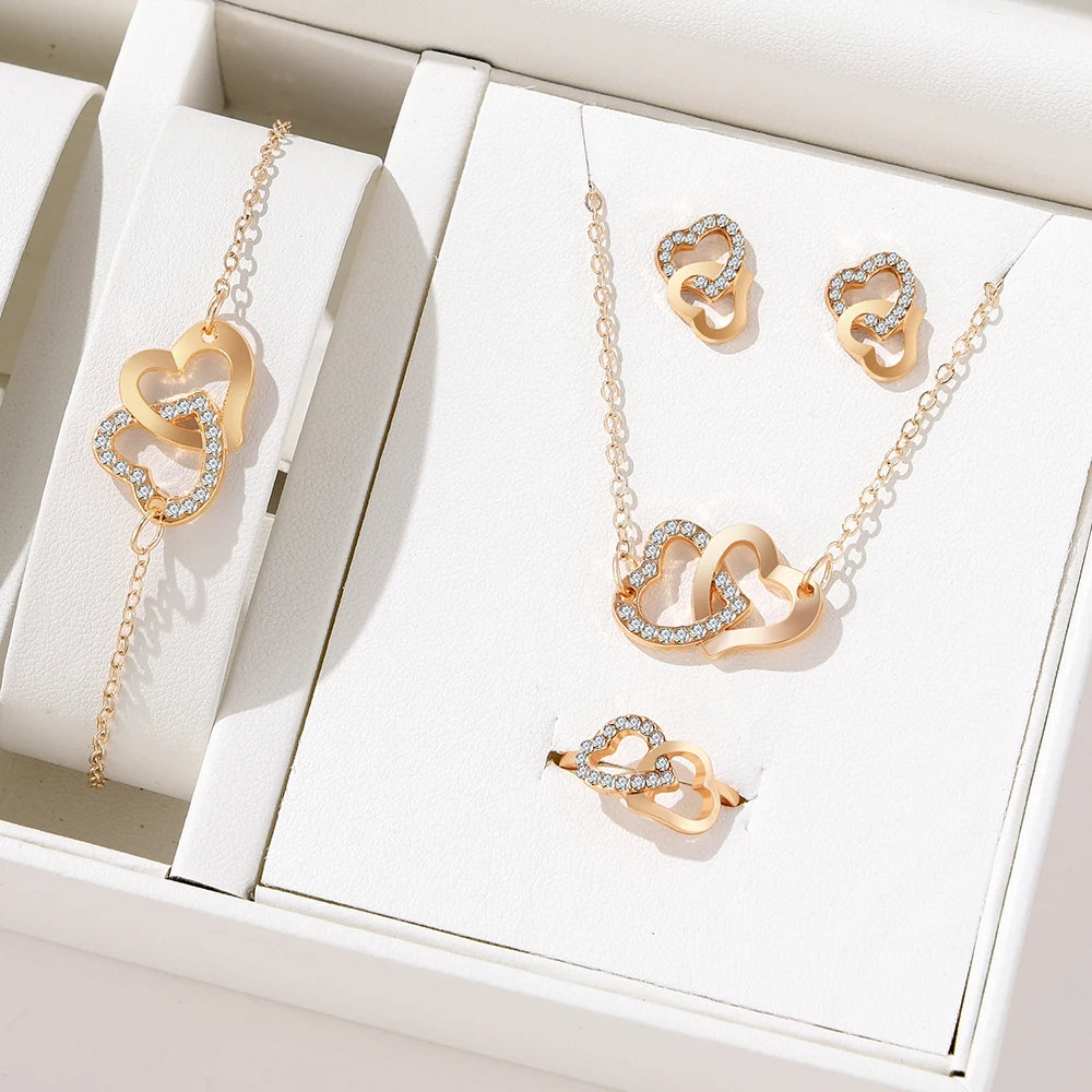 Jewelry Set - 5pcs Gold Rhinestone Heart Earrings Necklace Bracelet Ring Set