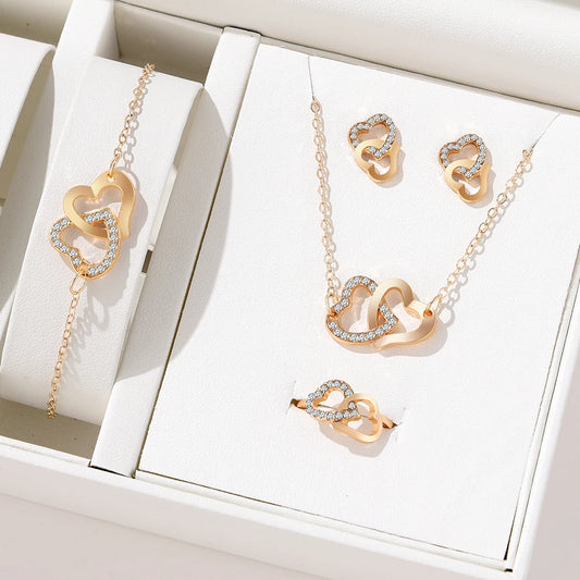 Jewelry Set - 5pcs Gold Rhinestone Heart Earrings Necklace Bracelet Ring Set