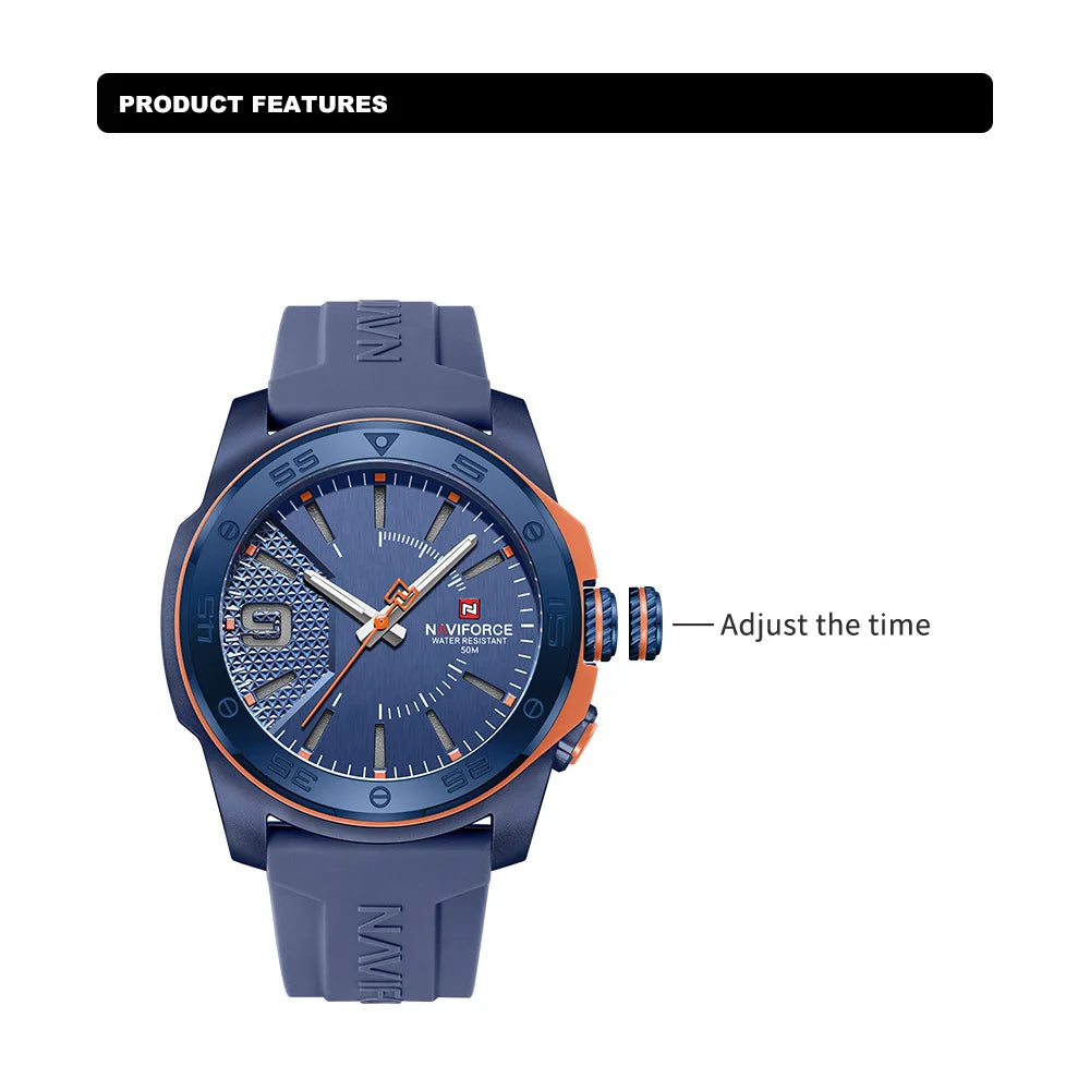 Montre de luxe pour homme NAVIFORCE, mouvement à quartz, bracelet en silicone, étanche à 50 m, aiguilles lumineuses, mouvement japonais, montre-bracelet sport pour homme