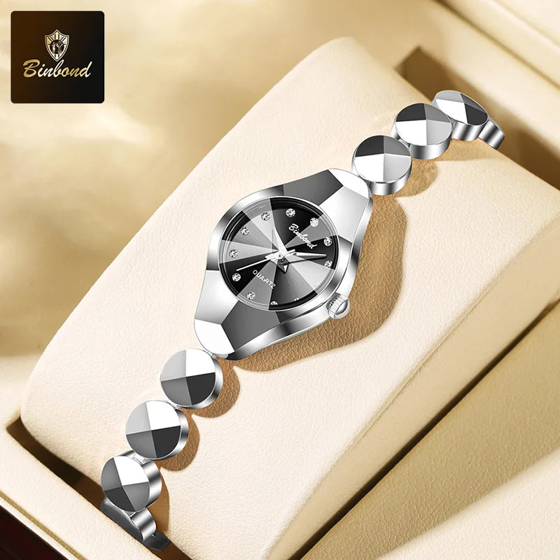 ساعة BINBOND النسائية - سوار فولاذي فاخر مقاوم للماء