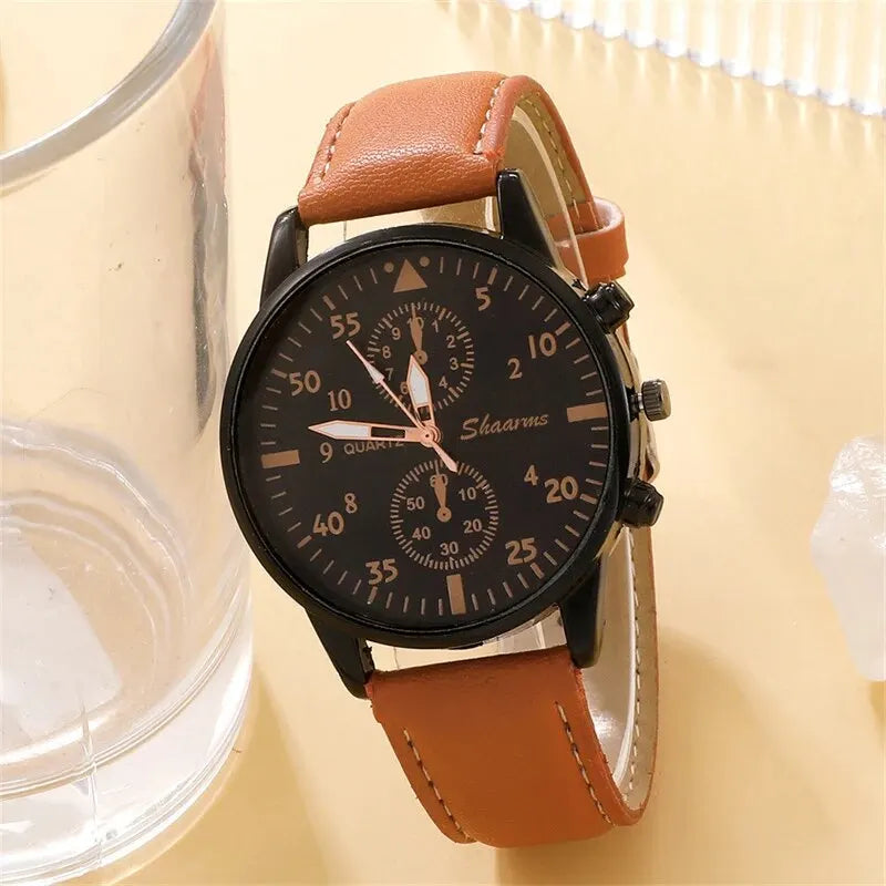Men's Watch Set - Luxury Bracelet Brown Leather Quartz Watch Gift Set