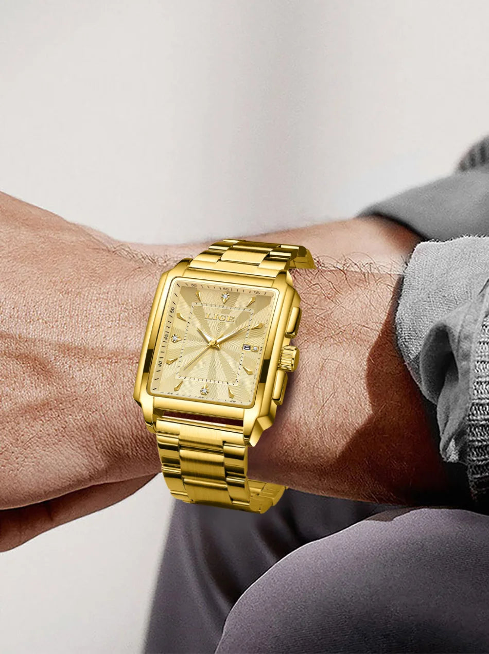 ساعة LIGE العصرية للأعمال للرجال، ساعة رياضية مربعة مقاومة للماء للرجال، علامة تجارية فاخرة، ساعة كوارتز عسكرية كرونوغراف