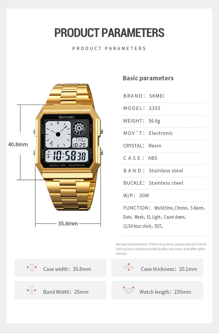 ساعة سكمي الإلكترونية الرقمية العالمية للرجال والنساء مقاومة للماء والرياضات الخارجية بسوار من الفولاذ المقاوم للصدأ ساعات يد للرجال