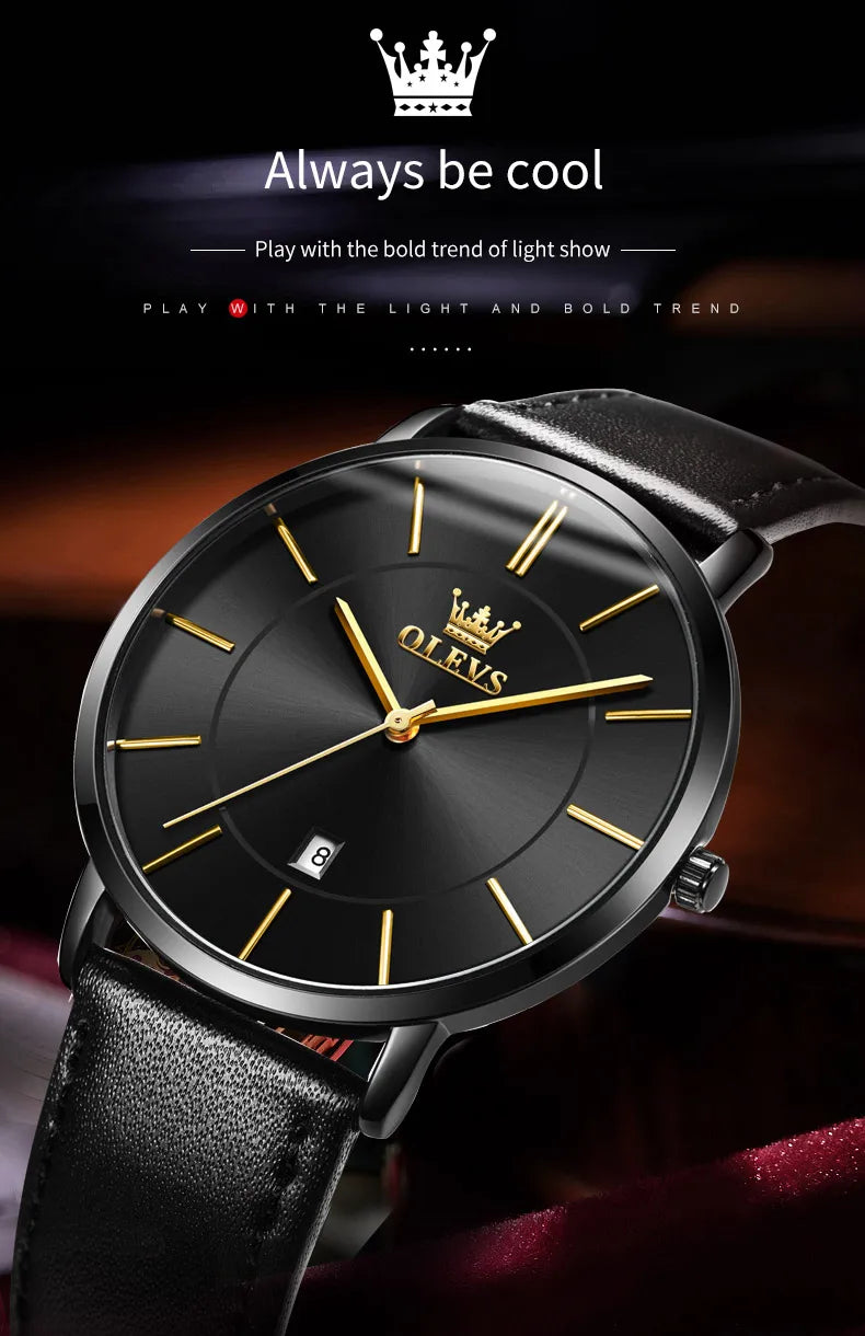 Montre à quartz OLEVS 5869 pour homme, ultra-fine (6,5 mm), minimaliste, étanche, avec date, idéale pour les affaires. Montre-bracelet simple et élégante pour homme.
