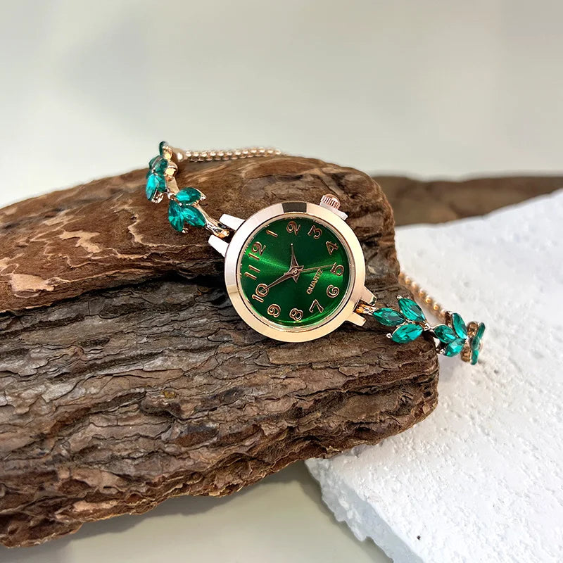 Montre à quartz pour femme - Bracelet en diamant feuille, montre élégante