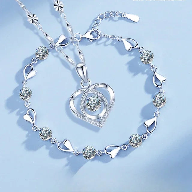 Jewelry Set - 925 Silver Heart Necklace Bracelet Korean Crystal Set