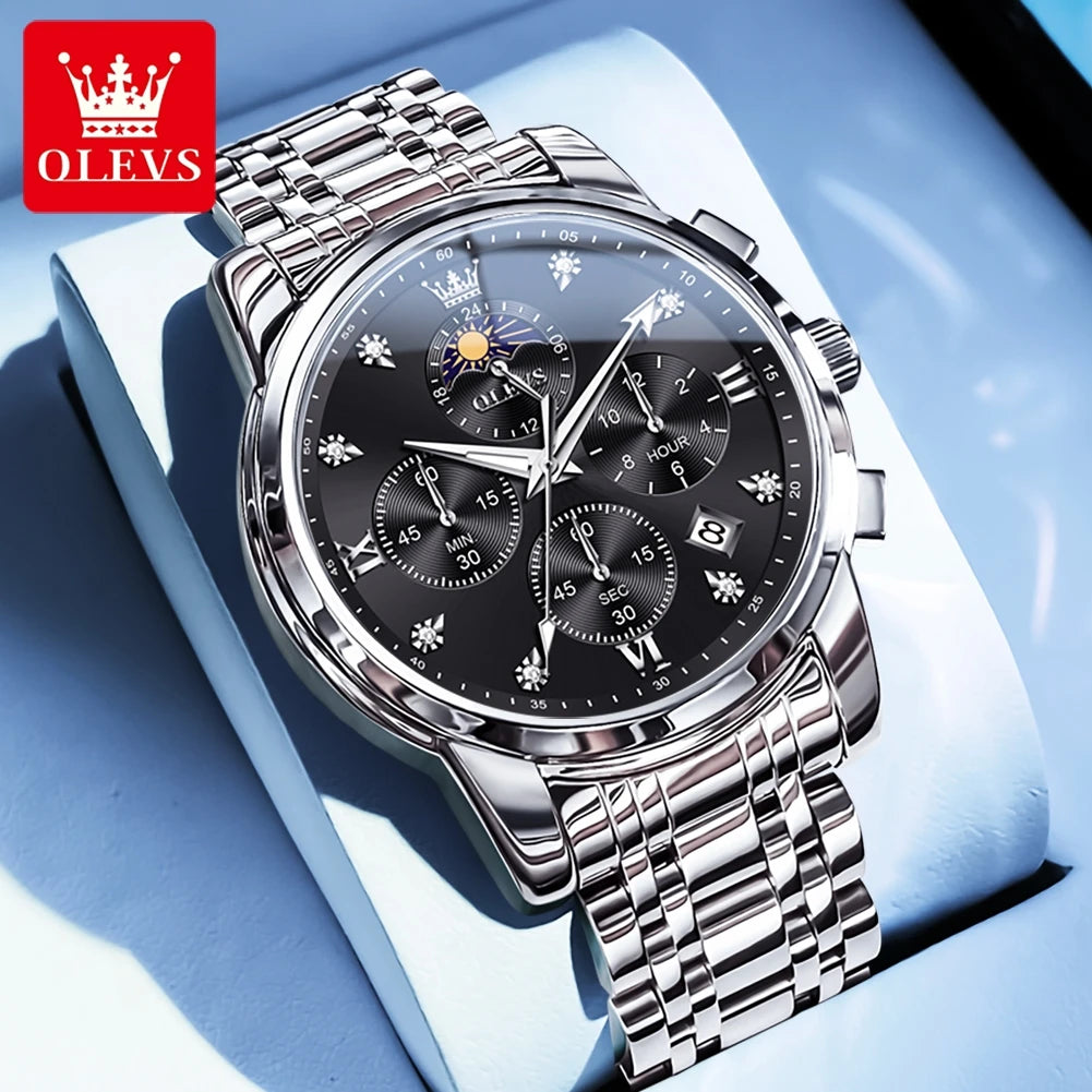 ساعة OLEVS 3655 Moon Phase Classic Three Eye Dial للرجال من الفولاذ المقاوم للصدأ للرجال بإبزيم الفراشة وساعة كوارتز مقاومة للماء