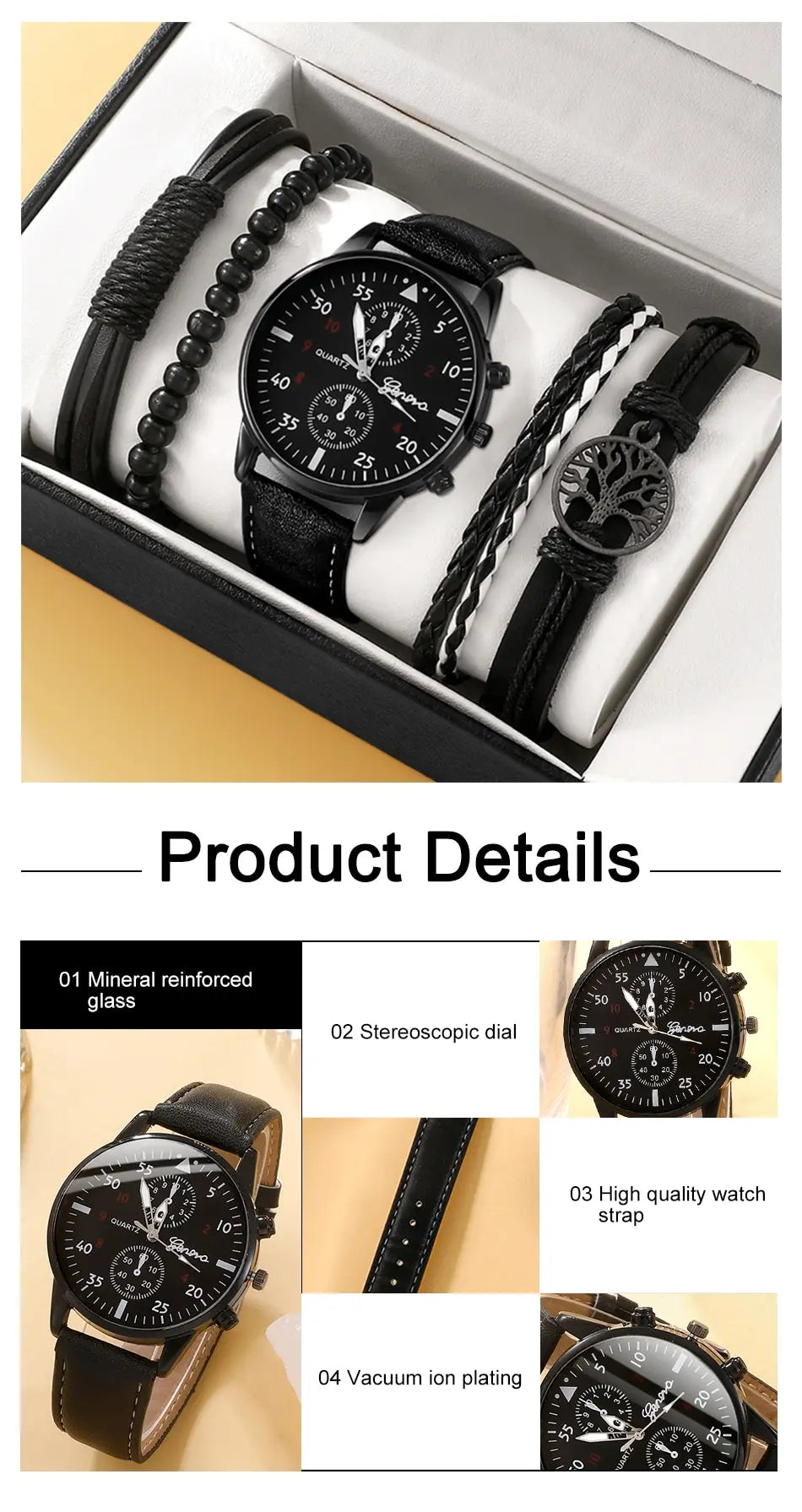 Men's Watch Set - Luxury Bracelet Brown Leather Quartz Watch Gift Set