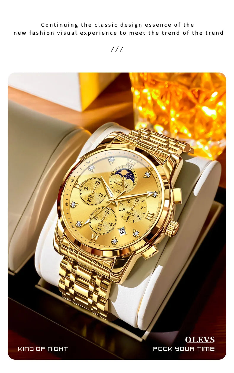 ساعة OLEVS 3655 Moon Phase Classic Three Eye Dial للرجال من الفولاذ المقاوم للصدأ للرجال بإبزيم الفراشة وساعة كوارتز مقاومة للماء