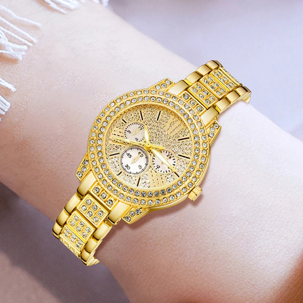 Women's Jewelry Watch Set - Gold Quartz Watch with Ring Necklace Earring