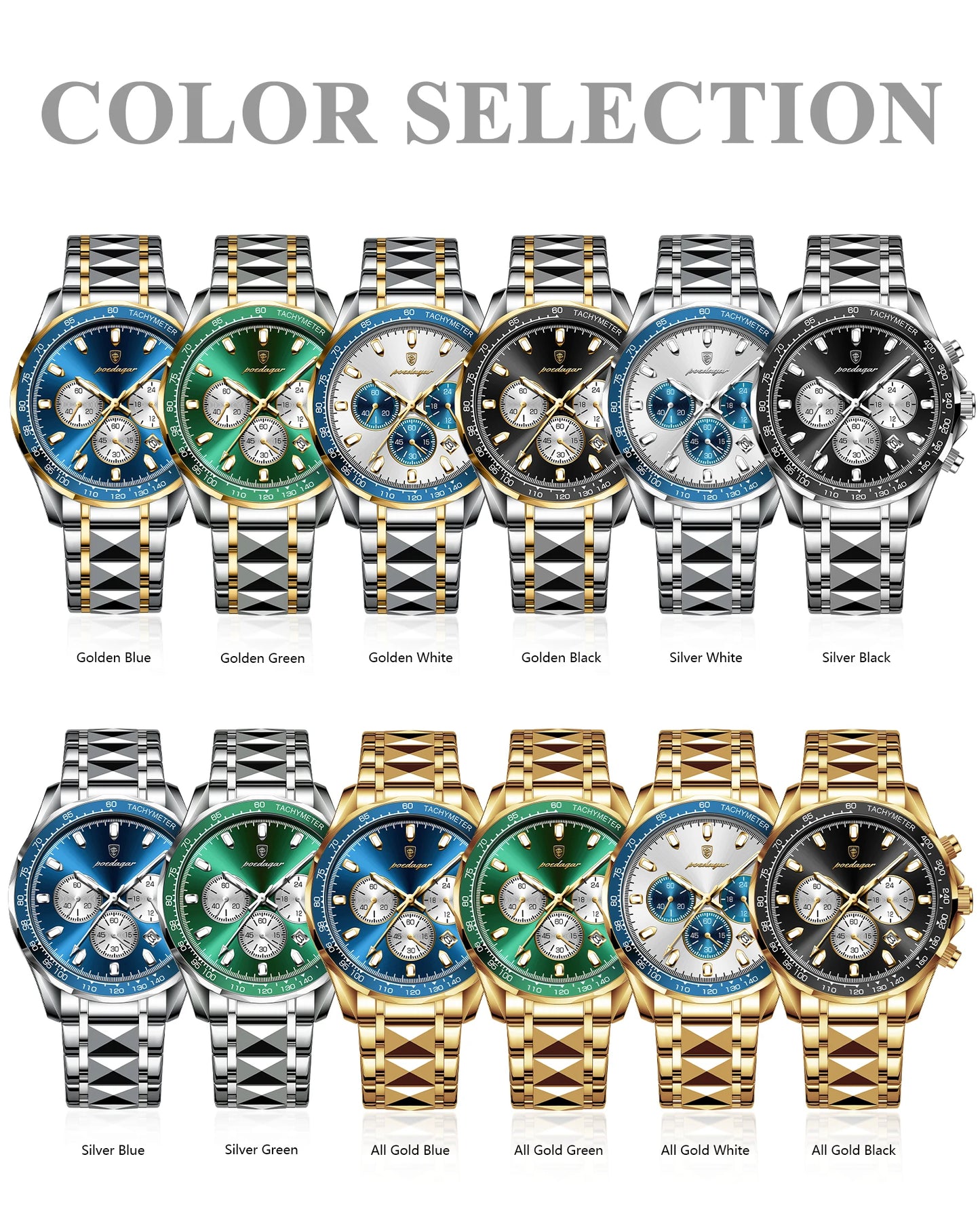 ساعة POEDAGAR للرجال من ماركة الأزياء المقاومة للماء والفولاذ المقاوم للصدأ ساعات رجالية مضيئة كرونوغراف وتاريخ كوارتز ساعة رياضية للرجال