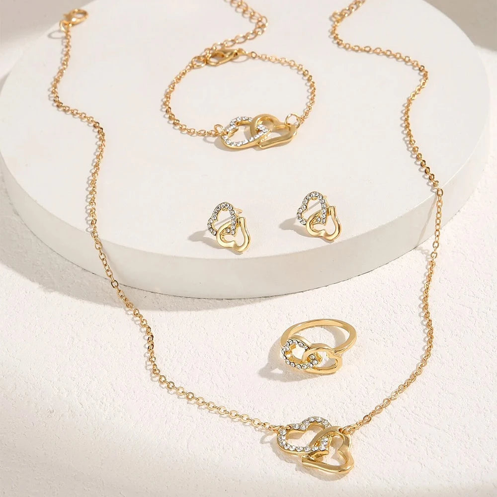 Jewelry Set - 5pcs Gold Rhinestone Heart Earrings Necklace Bracelet Ring Set