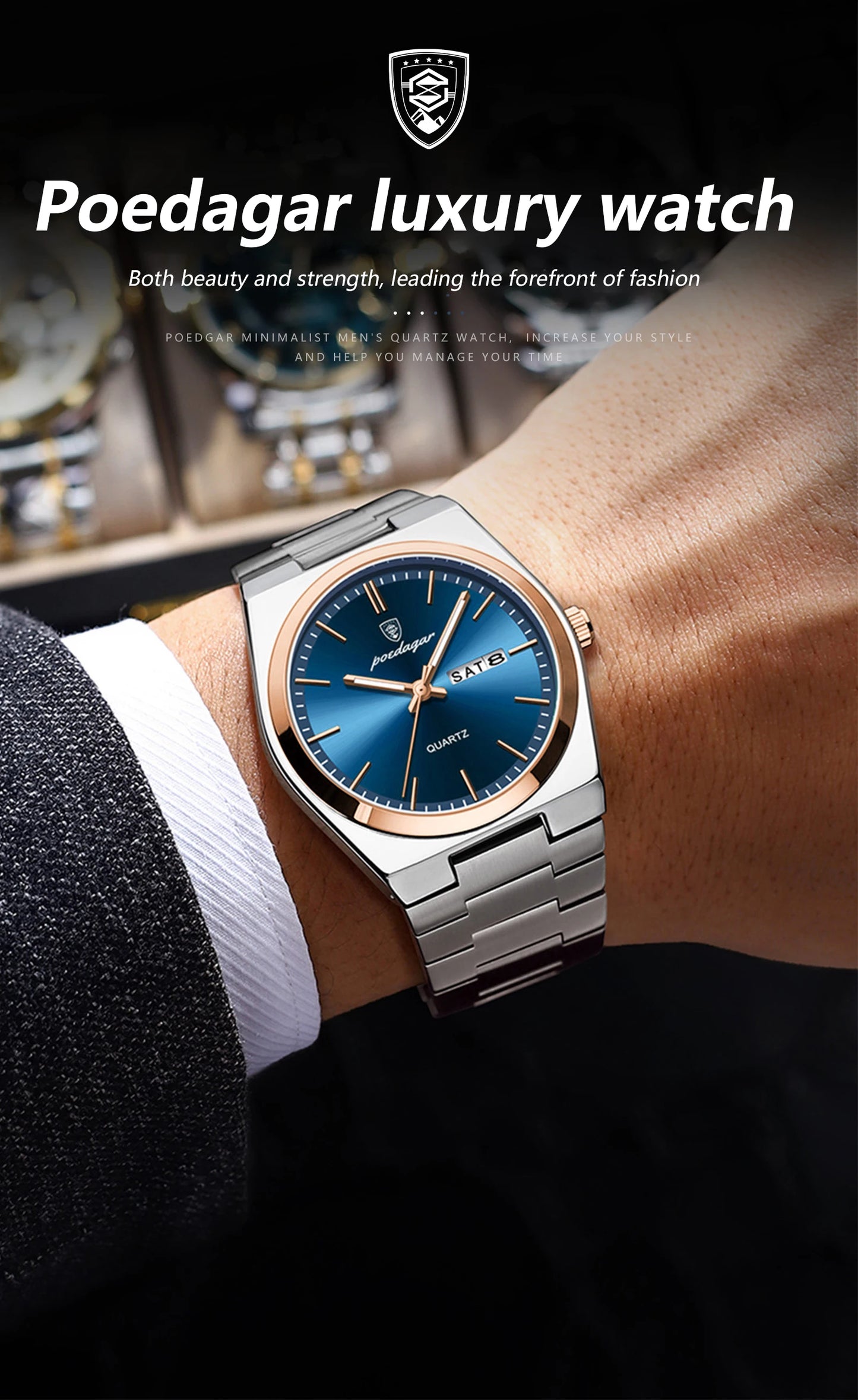 ساعة رجالية ماركة POEDAGAR للأزياء من الفولاذ المقاوم للصدأ مقاومة للماء ومضيئة للرجال ساعة تاريخ الأسبوع ساعات عمل كوارتز للرجال Reloj
