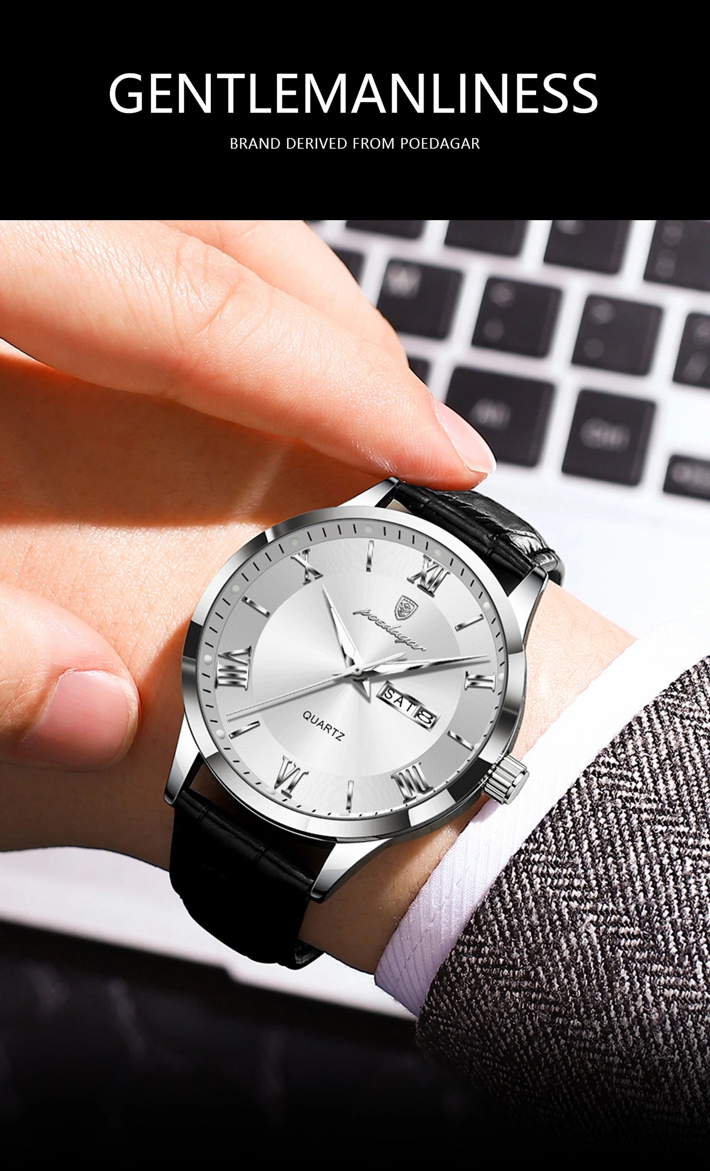 ساعة يد رجالية كلاسيكية فاخرة من POEDAGAR، ساعة رجال أعمال جلدية مقاومة للماء ومضيئة، ساعات كوارتز أنيقة للرجال