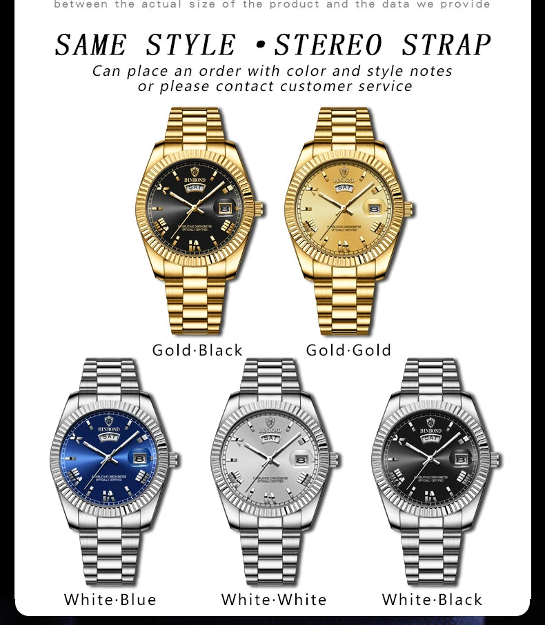 ساعة BINBOND B0733 للرجال فاخرة مقاومة للماء بتقويم مزدوج وإضاءة ليلية من الفولاذ المقاوم للصدأ كوارتز للرجال