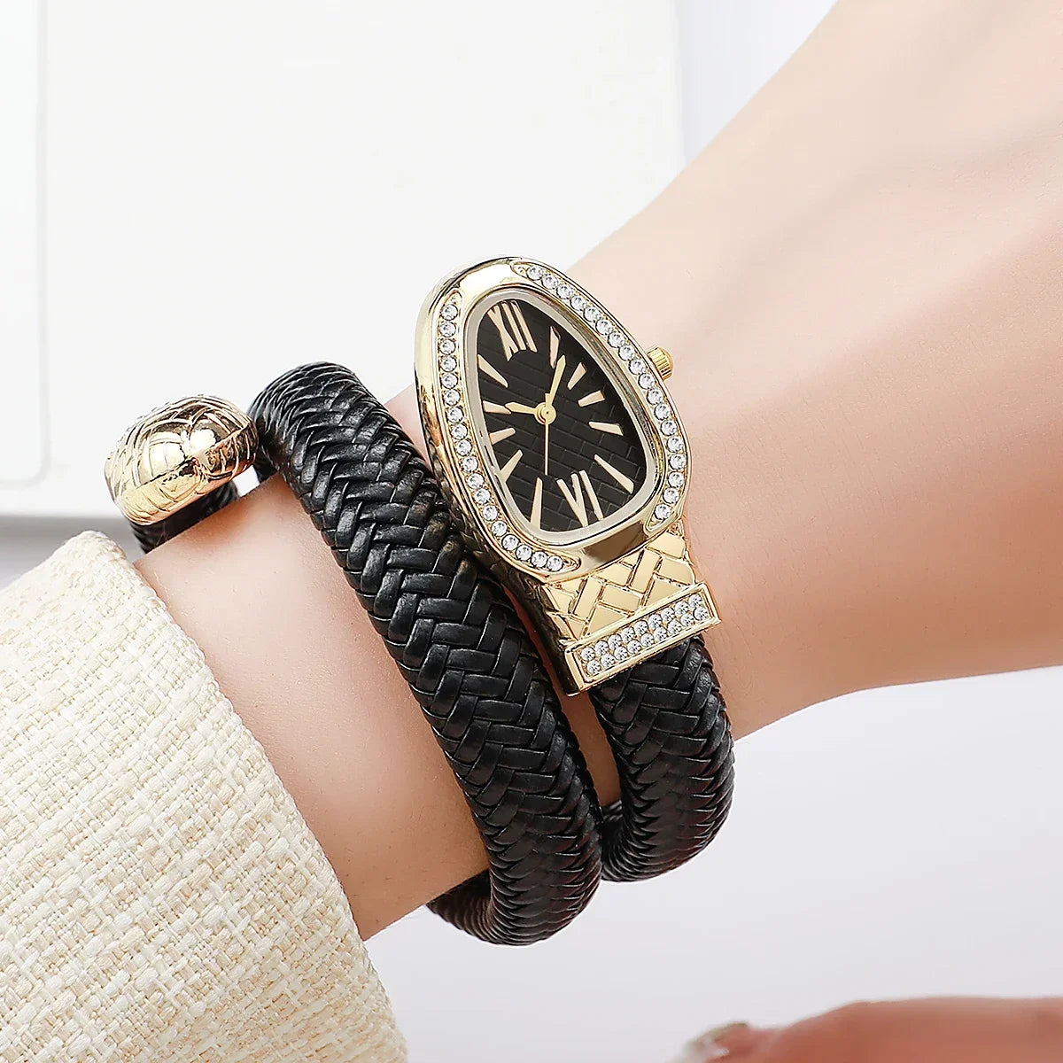 Montre serpent pour femme - Montre à quartz de luxe avec cadran romain orné de strass