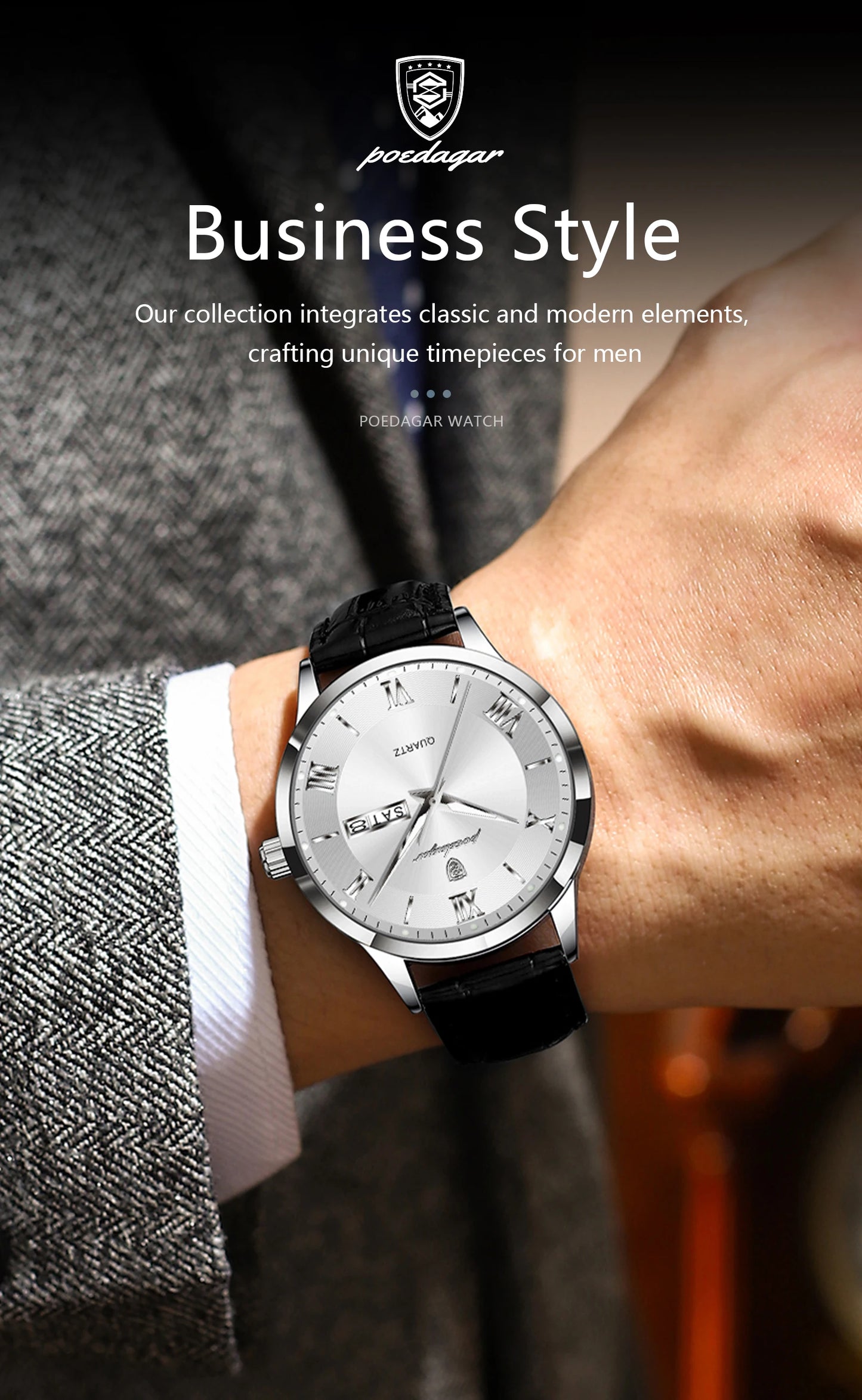 ساعة يد رجالية كلاسيكية فاخرة من POEDAGAR، ساعة رجال أعمال جلدية مقاومة للماء ومضيئة، ساعات كوارتز أنيقة للرجال