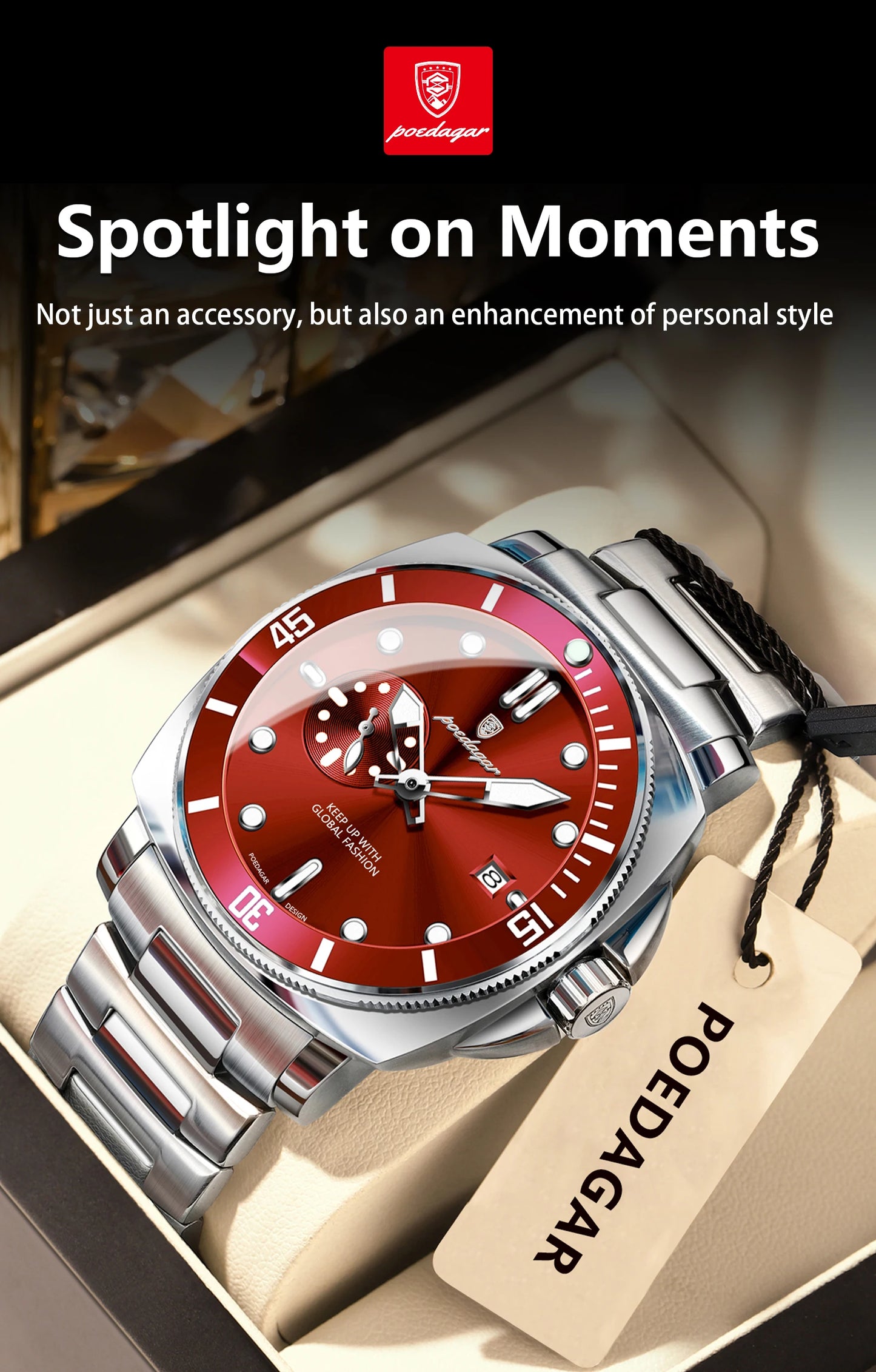 Montre-bracelet de luxe pour homme POEDAGAR, étanche, lumineuse, date, en acier inoxydable, à quartz, pour le sport et les affaires.