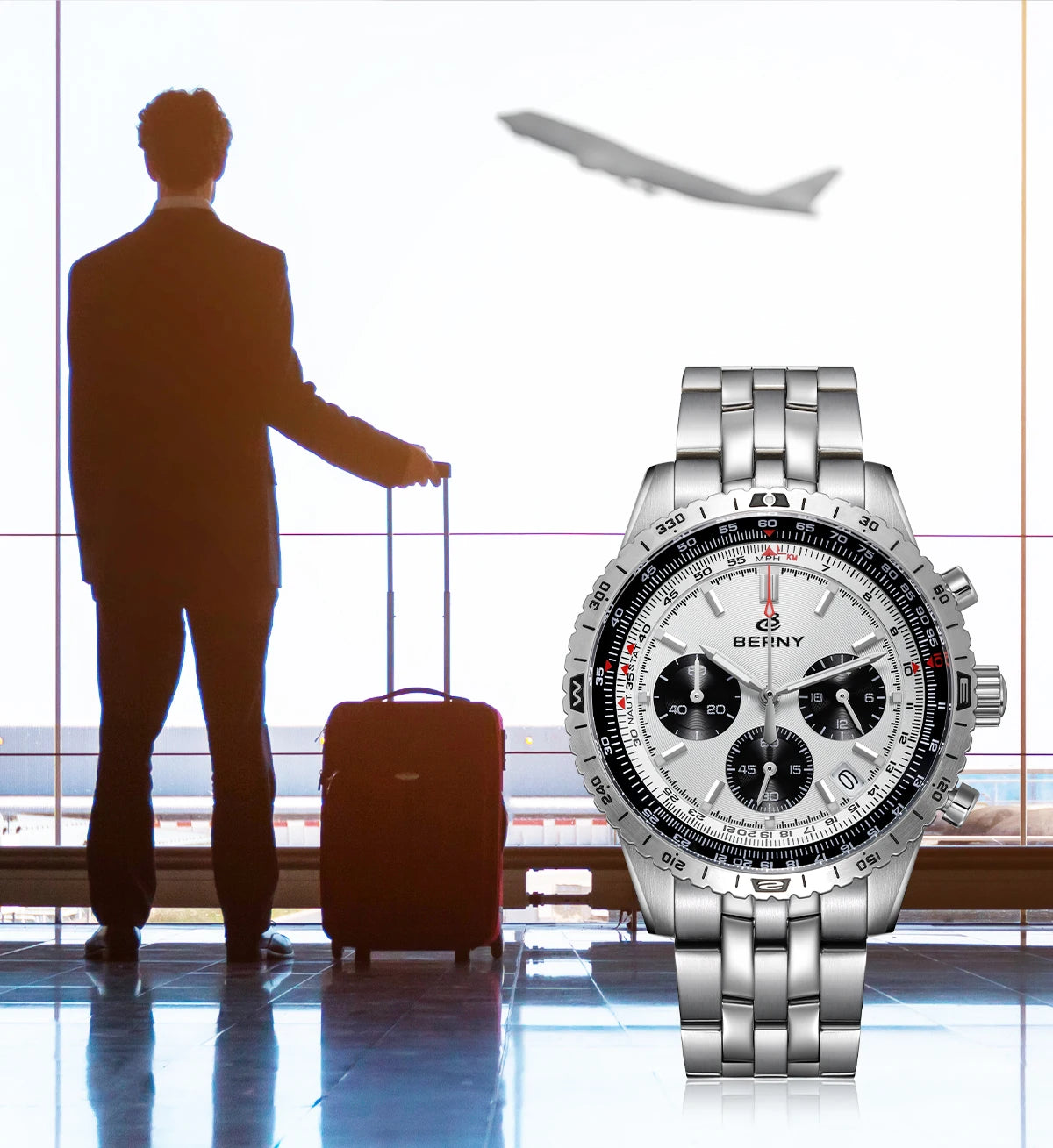 Montre chronographe BERNY pour homme, montre de pilote d'aviation multifonction à quartz avec date, verre saphir et luminescence intense. Montre-bracelet de luxe.