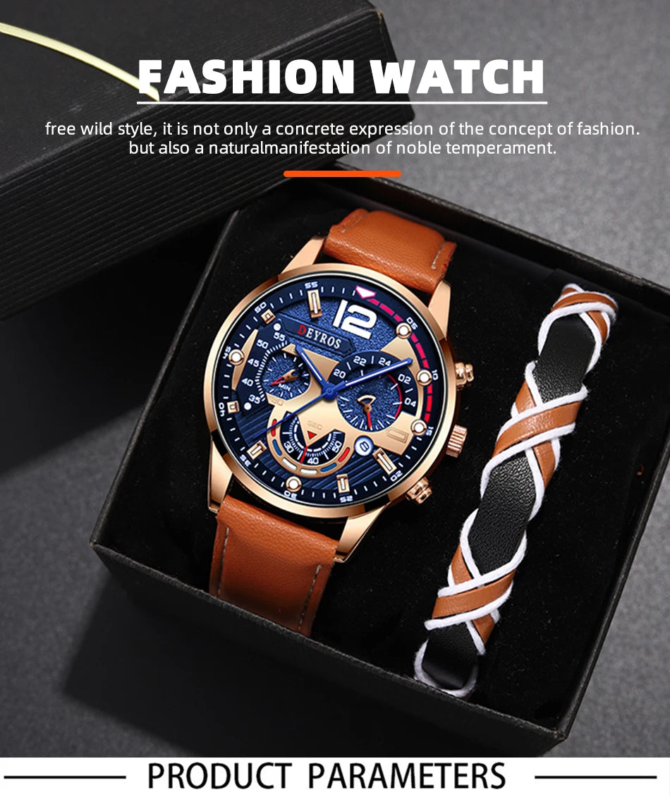 Men's Watch Set - 2pcs Business Calendar Leather Quartz Watch