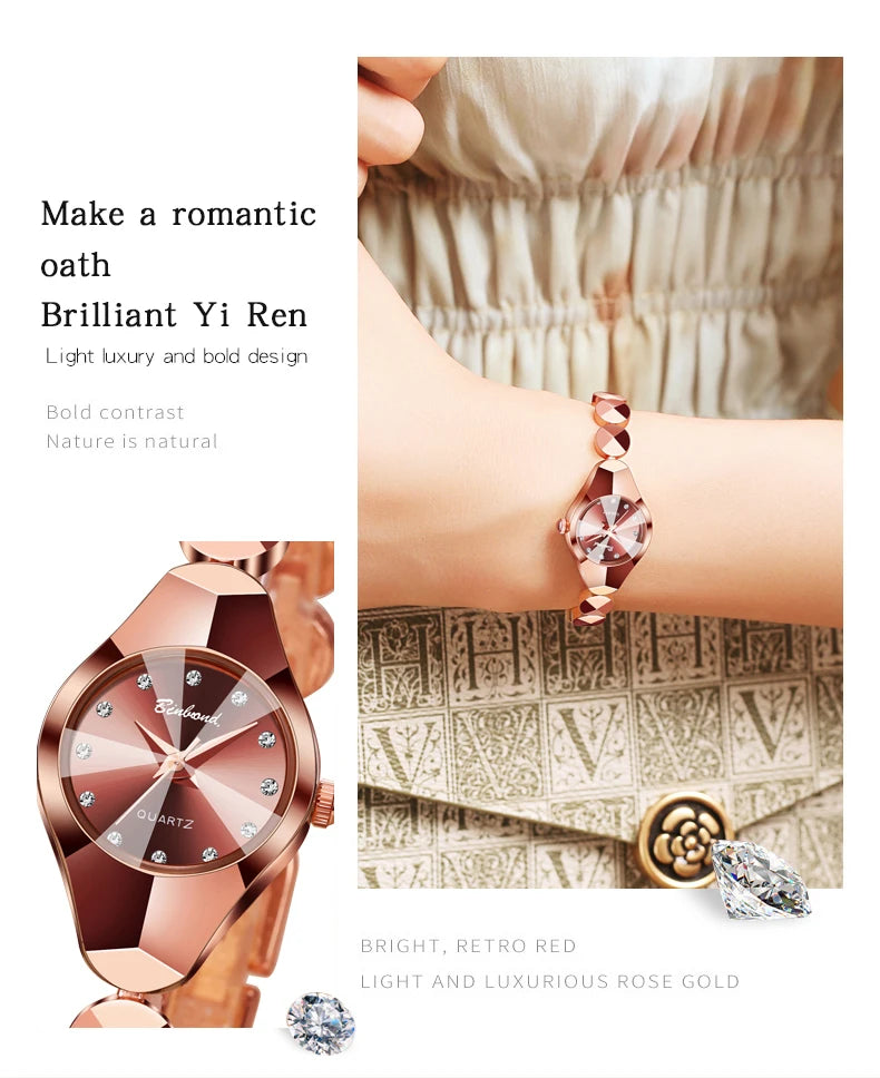 ساعة BINBOND النسائية - سوار فولاذي فاخر مقاوم للماء