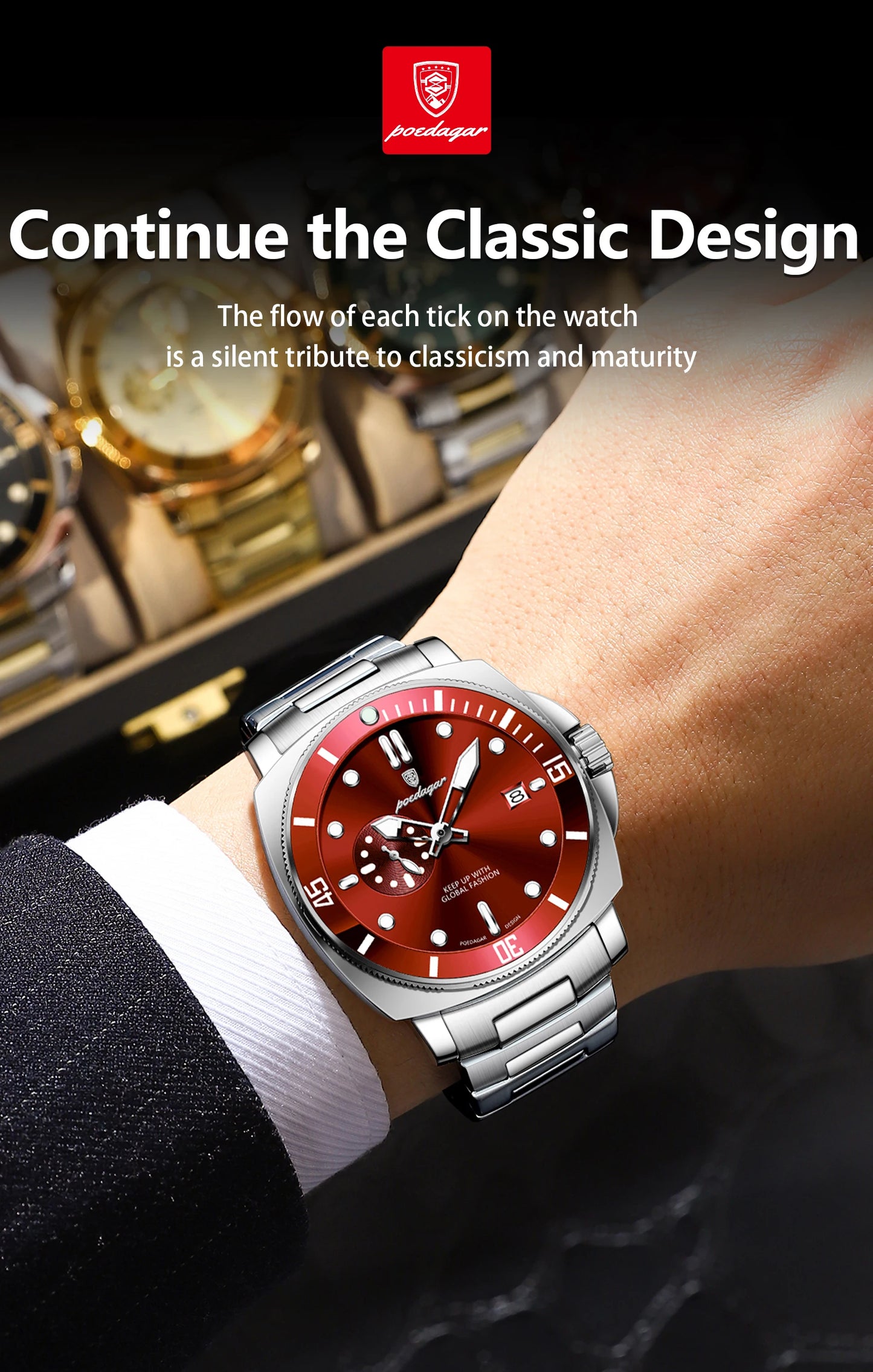 Montre-bracelet de luxe pour homme POEDAGAR, étanche, lumineuse, date, en acier inoxydable, à quartz, pour le sport et les affaires.