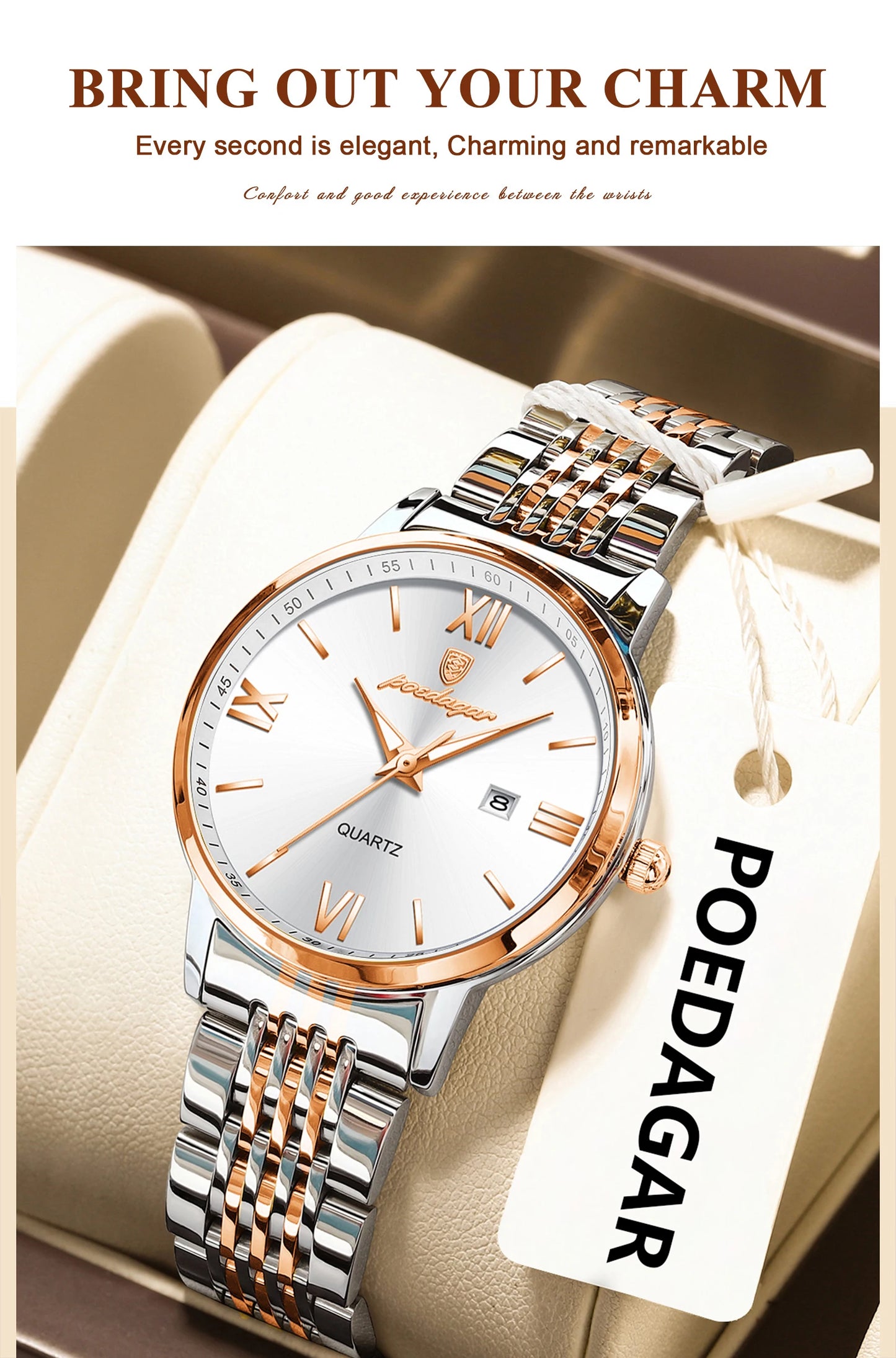 ساعة POEDAGAR النسائية - ساعة فولاذية فاخرة مقاومة للماء ومضيئة