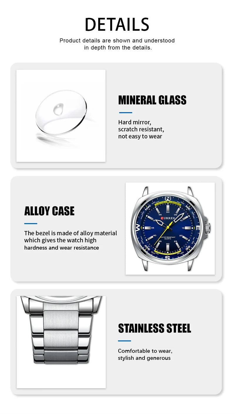 ساعة CURREN 8455 للرجال، كوارتز فضية أنيقة، مناسبة للأعمال والترفيه، باللون الأسود الفضي، مع شاشة عرض تناظرية، وحزام من الفولاذ المقاوم للصدأ للرجال