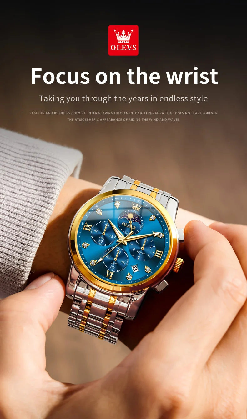 ساعة OLEVS 3655 Moon Phase Classic Three Eye Dial للرجال من الفولاذ المقاوم للصدأ للرجال بإبزيم الفراشة وساعة كوارتز مقاومة للماء