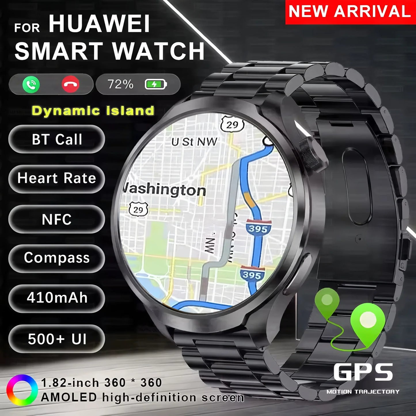 ساعة ذكية رياضية مزودة بنظام تحديد المواقع العالمي (GPS) - شاشة AMOLED مقاس 1.85 بوصة، وجهاز مراقبة معدل ضربات القلب وضغط الدم