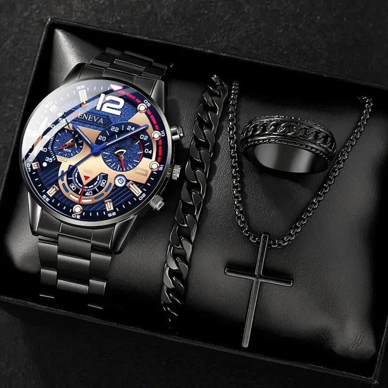 Men's Watch Set - 4pcs Gold Roman Calendar Watch Cross Necklace Bracelet Ring Set