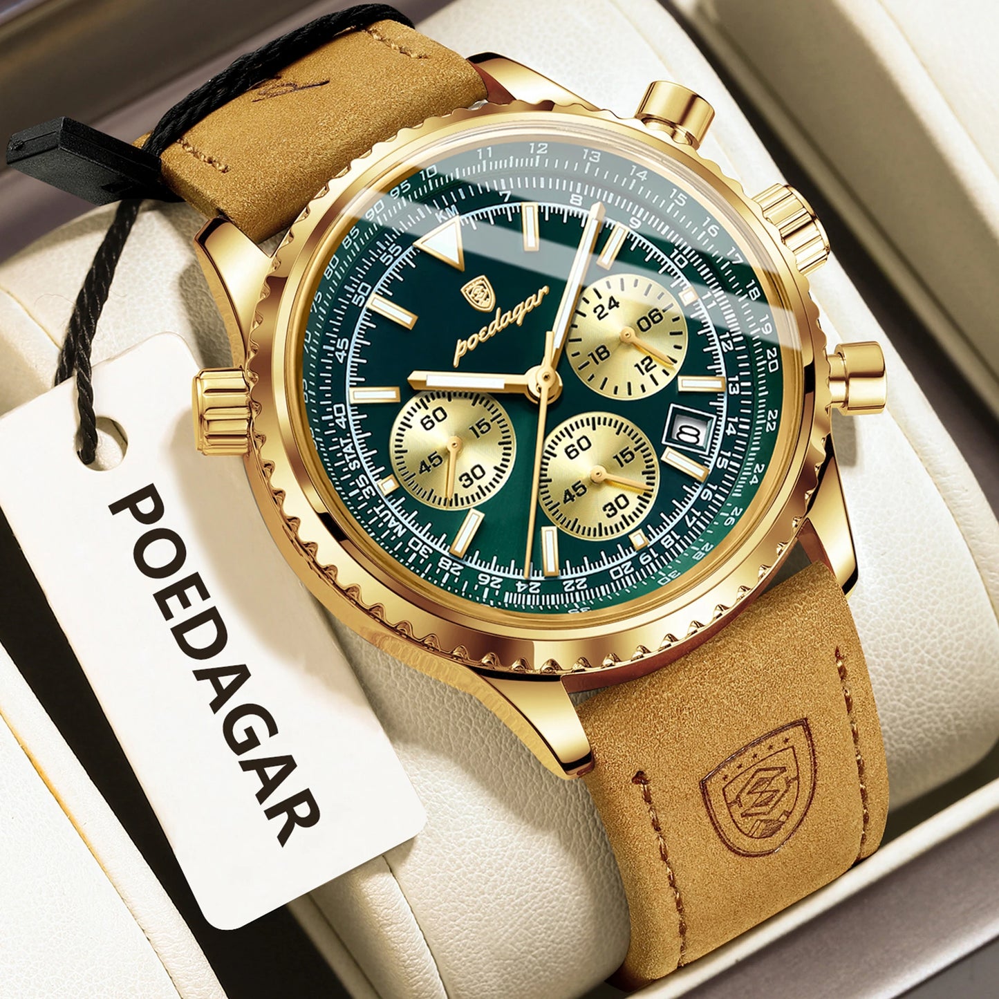 ساعة رجالية فاخرة من ماركة POEDAGAR مقاومة للماء ومضيئة وتاريخ كرونوغراف من الجلد ساعة رجالية كوارتز ساعات عمل أنيقة للرجال