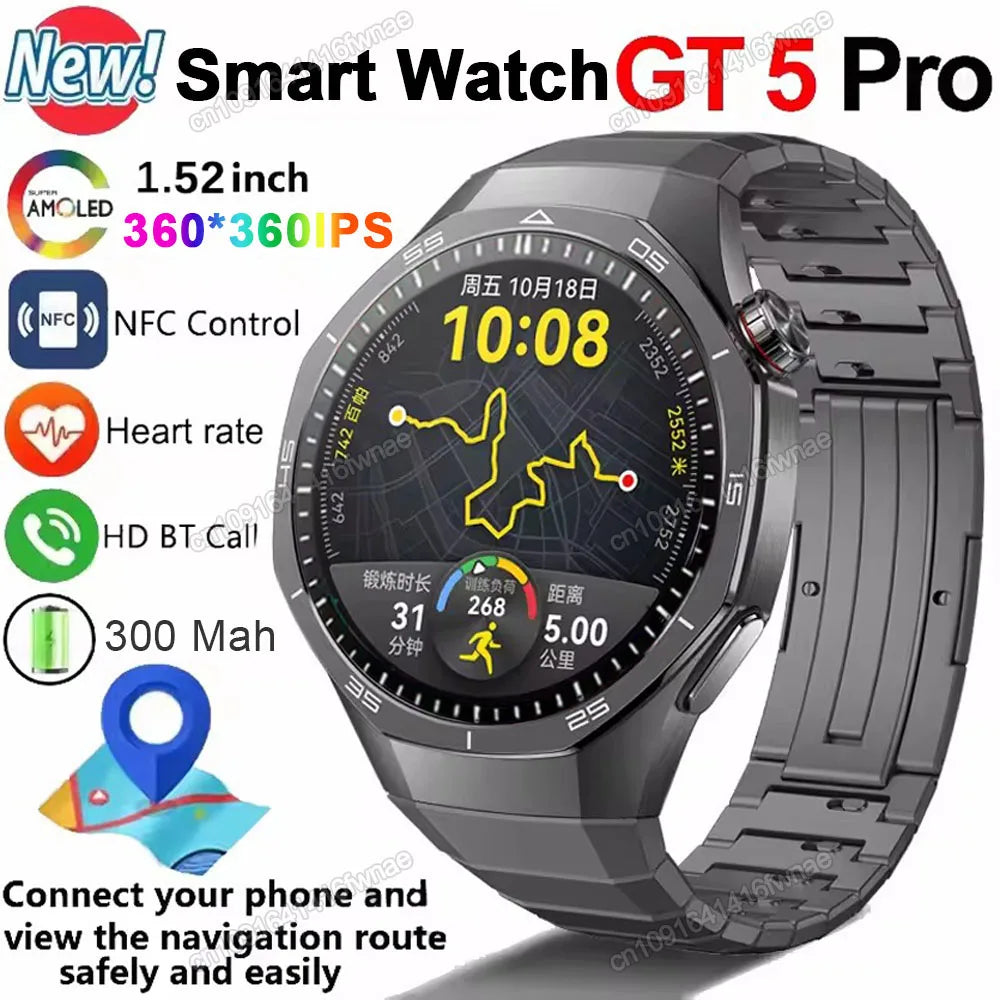 ساعة GT5 Pro الذكية - GPS NFC HD AMOLED معدل ضربات القلب بلوتوث مكالمات IP68