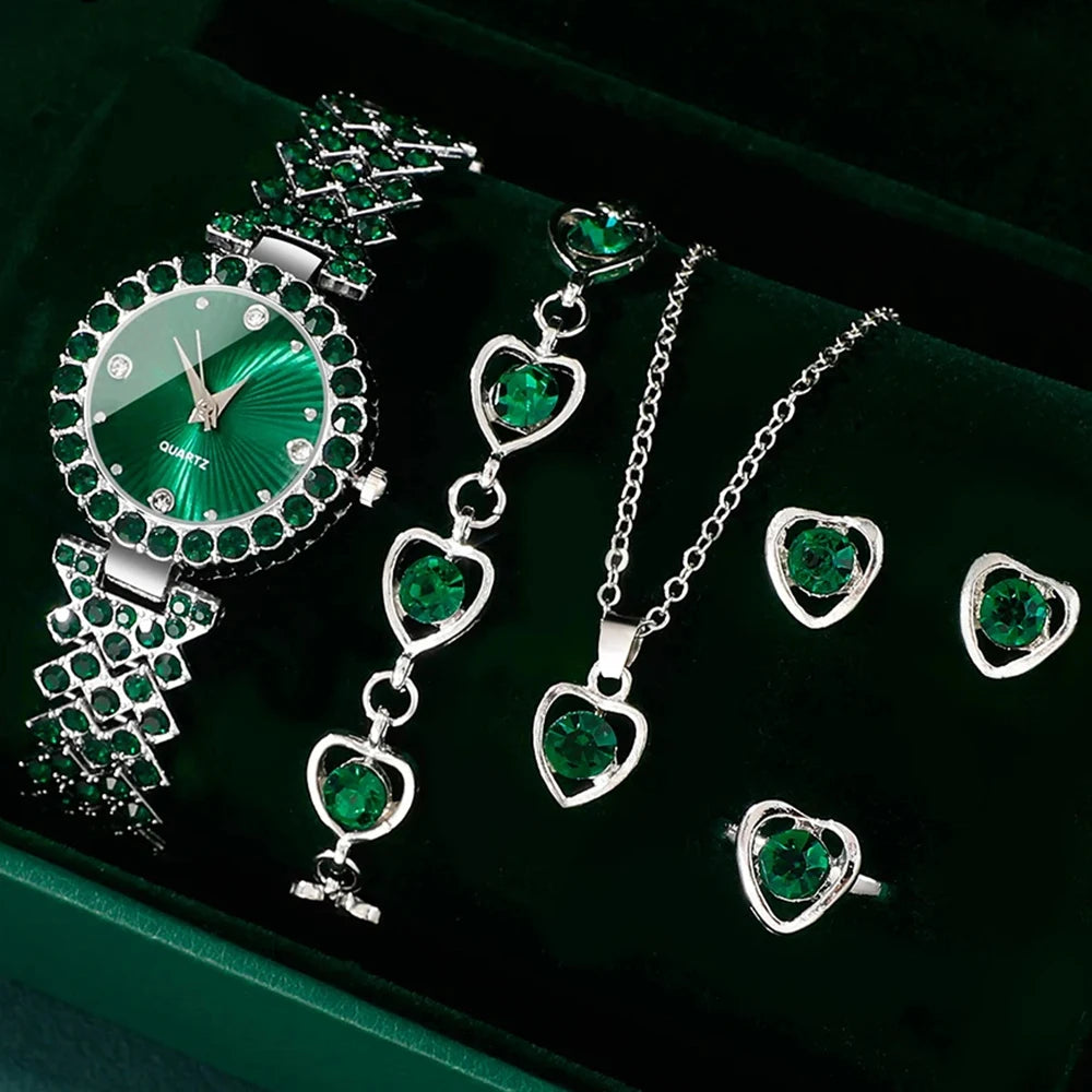 Women's Jewelry Watch Set - Heart Rhinestone Dress Watch with Jewelry