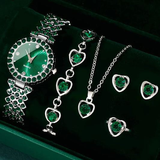 Women's Jewelry Watch Set - Heart Rhinestone Dress Watch with Jewelry