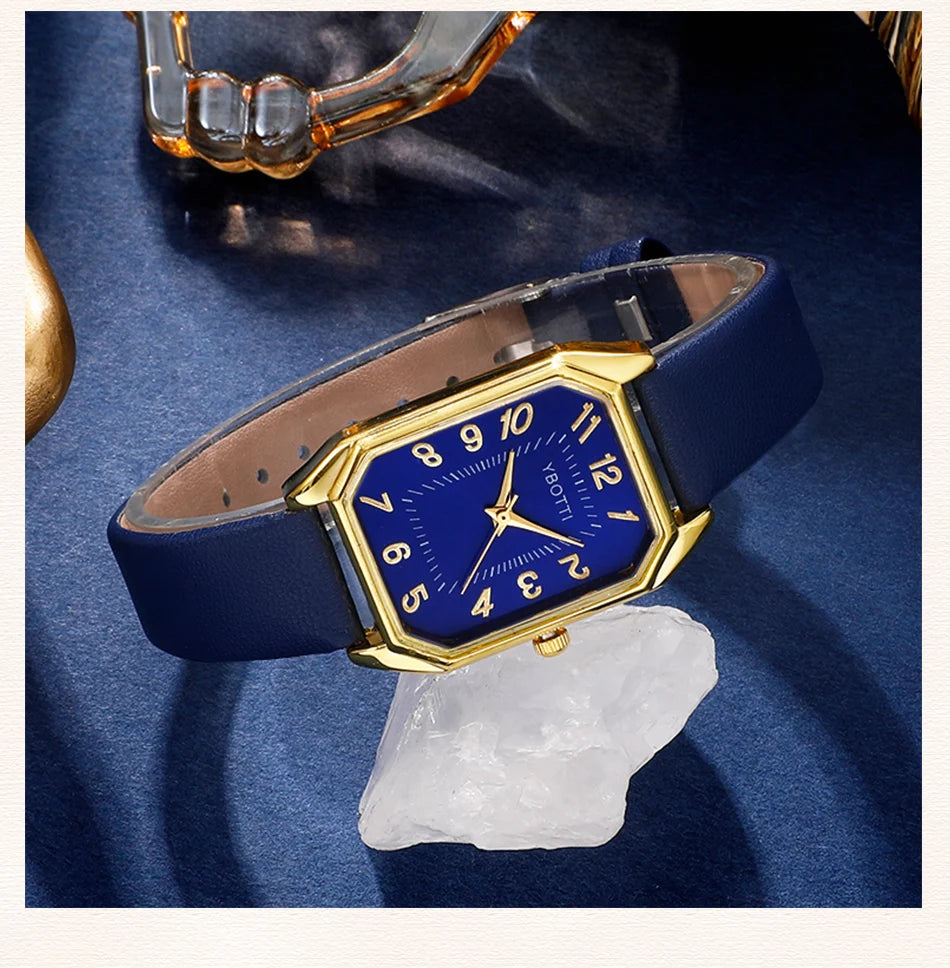 Montre carrée pour femme - Montre-bracelet à quartz avec bracelet en cuir bleu de luxe
