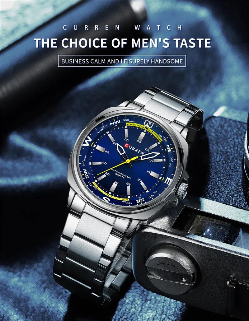 ساعة CURREN 8455 للرجال، كوارتز فضية أنيقة، مناسبة للأعمال والترفيه، باللون الأسود الفضي، مع شاشة عرض تناظرية، وحزام من الفولاذ المقاوم للصدأ للرجال