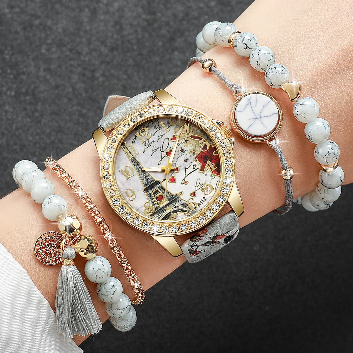 Women's Watch Set - 3/4/5pcs Rhinestone Flower Leather Band Watches
