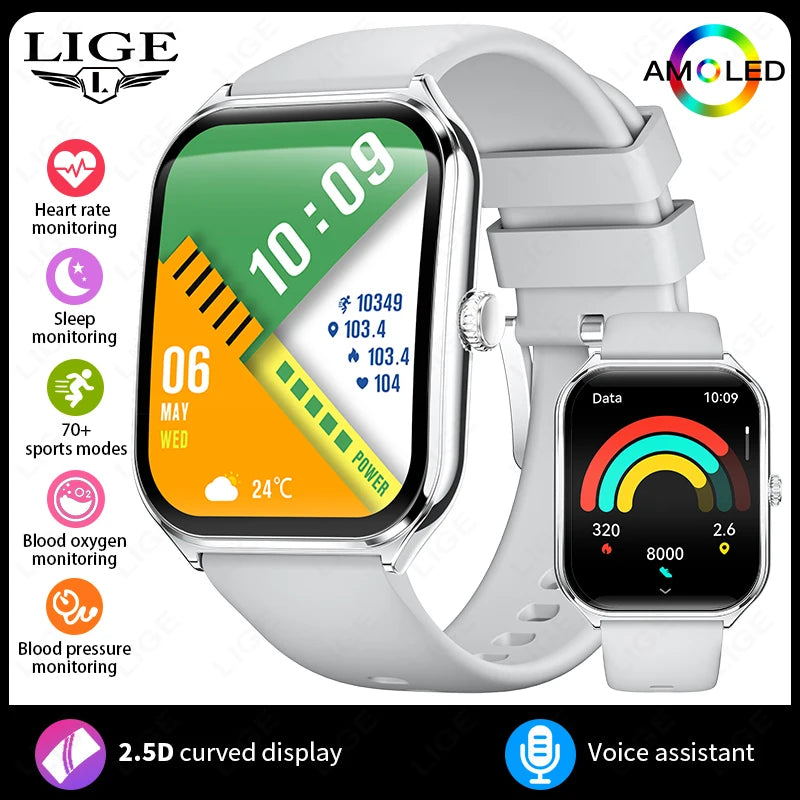 LIGE Ultra Thin Smart Watch - 1.96" AMOLED Curved Display BT Call Heart Rate