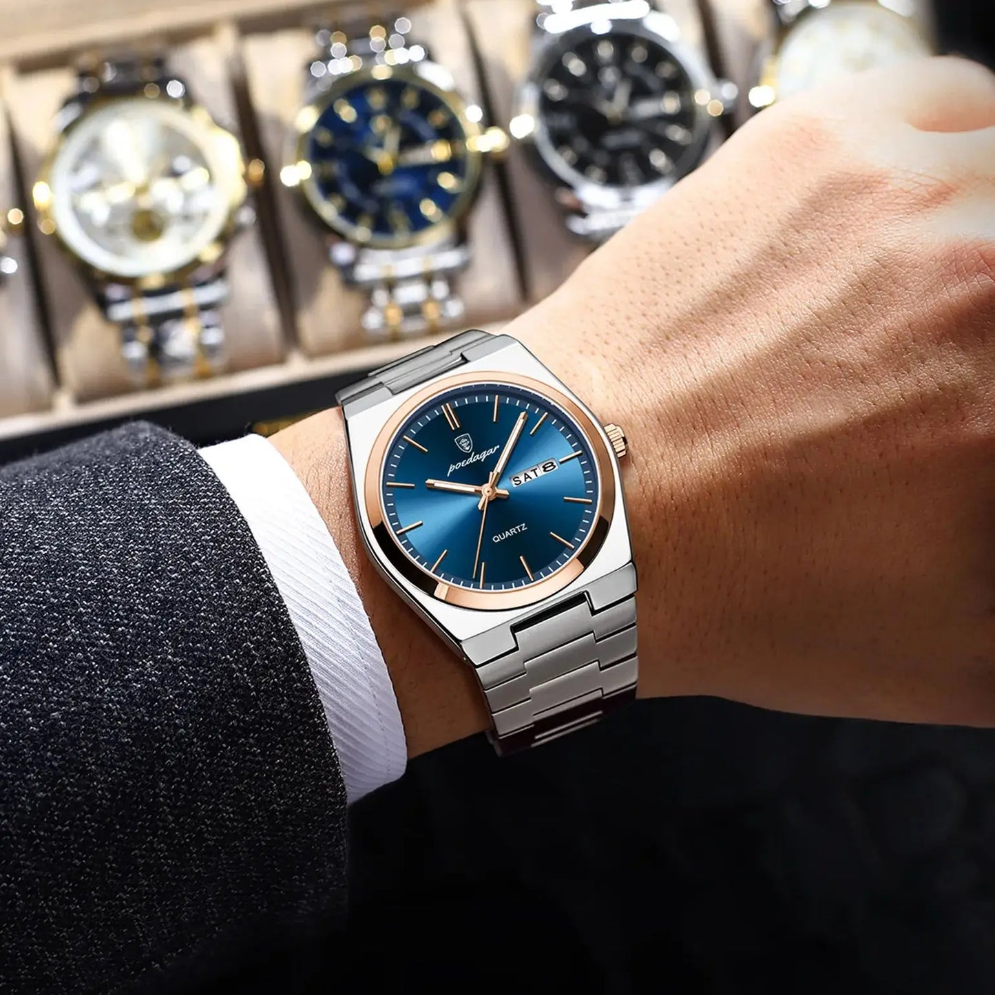 ساعة رجالية ماركة POEDAGAR للأزياء من الفولاذ المقاوم للصدأ مقاومة للماء ومضيئة للرجال ساعة تاريخ الأسبوع ساعات عمل كوارتز للرجال Reloj