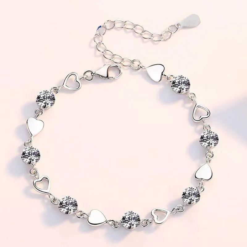 Jewelry Set - 925 Silver Heart Necklace Bracelet Korean Crystal Set