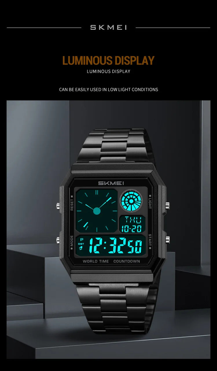 ساعة سكمي الإلكترونية الرقمية العالمية للرجال والنساء مقاومة للماء والرياضات الخارجية بسوار من الفولاذ المقاوم للصدأ ساعات يد للرجال