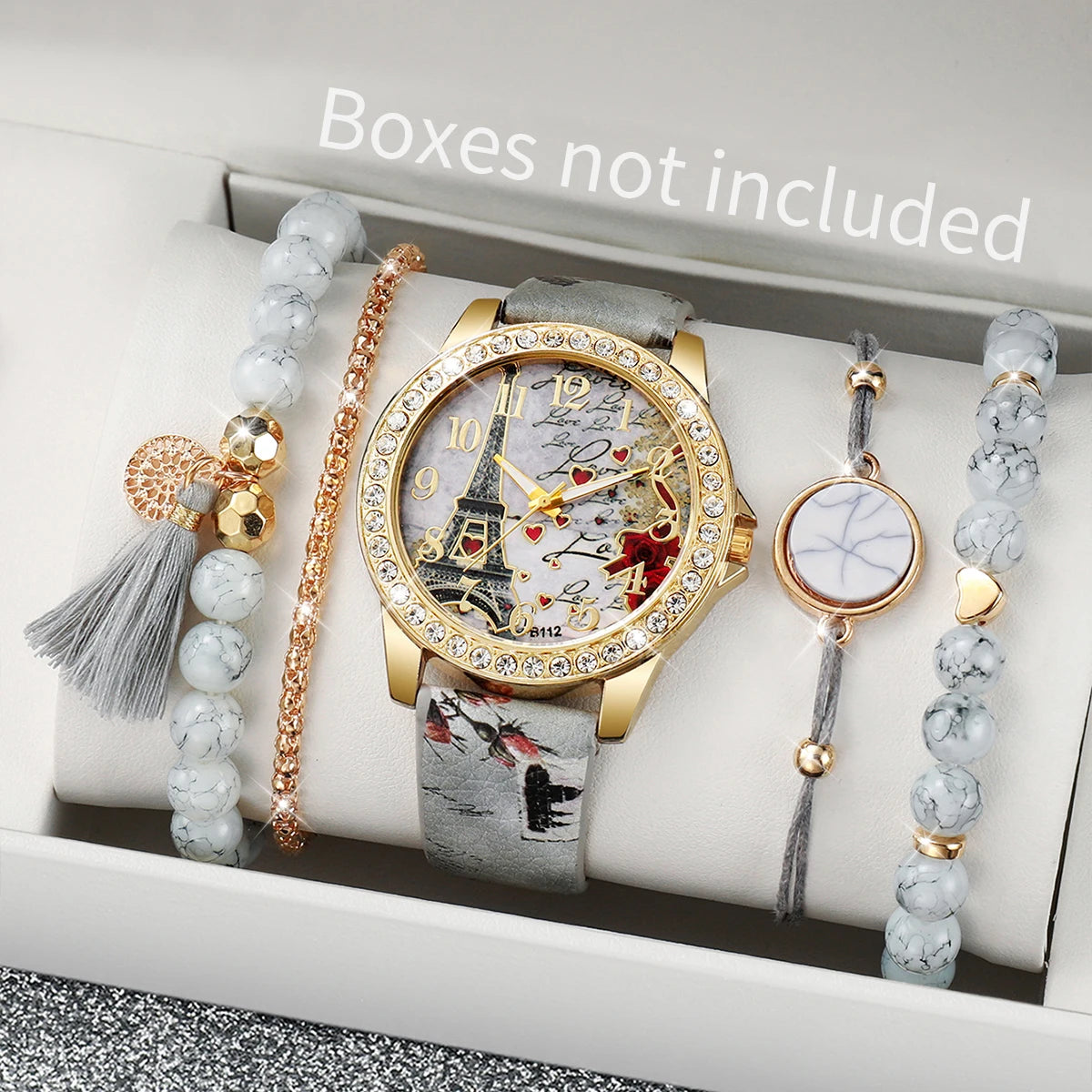 Women's Watch Set - 3/4/5pcs Rhinestone Flower Leather Band Watches