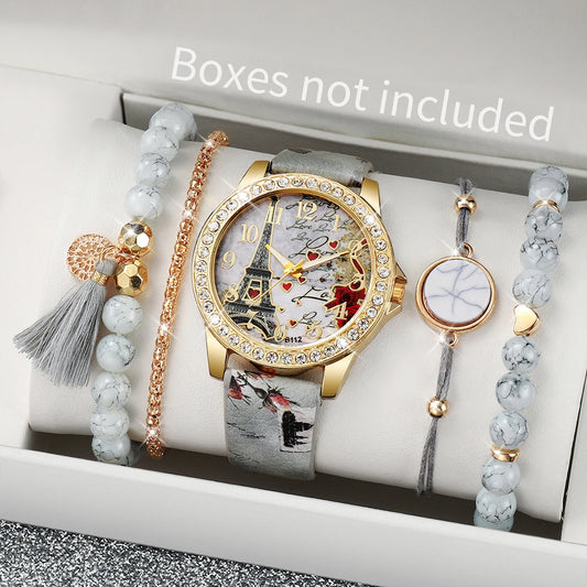 Women's Watch Set - 3/4/5pcs Rhinestone Flower Leather Band Watches